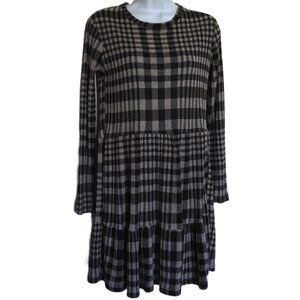 Zara Trafaluc Houndstooth Plaid Dress Black & Beige Stretch Long Sleeve EUC Sz S